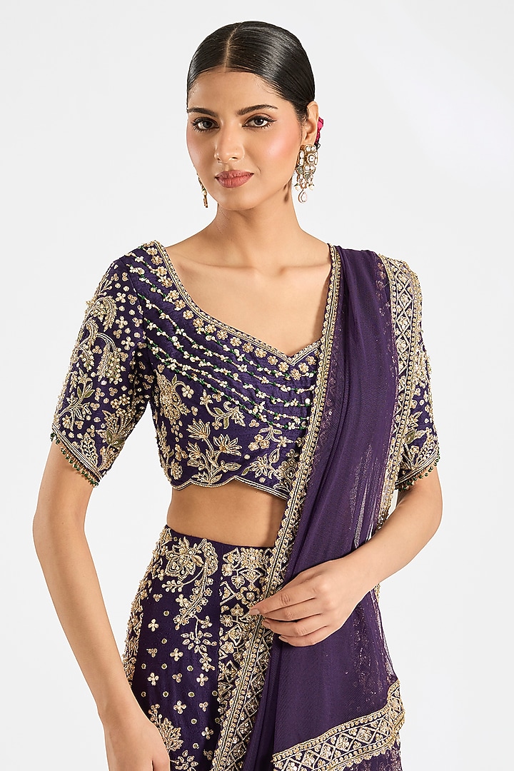 Purple Raw Silk Embroidered Skirt Bridal Saree Set by Ridhi Mehra at Pernia's Pop Up Shop