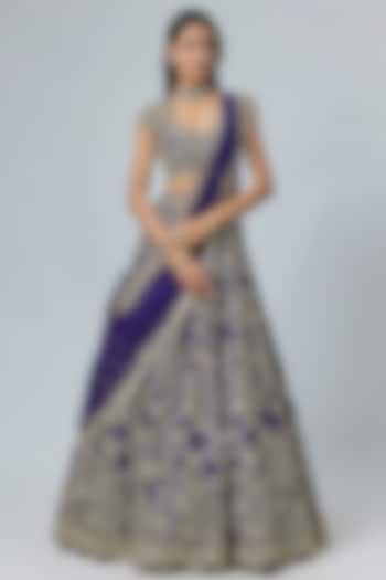 Purple Raw Silk Embroidered Bridal Lehenga Set by Ridhi Mehra at Pernia's Pop Up Shop