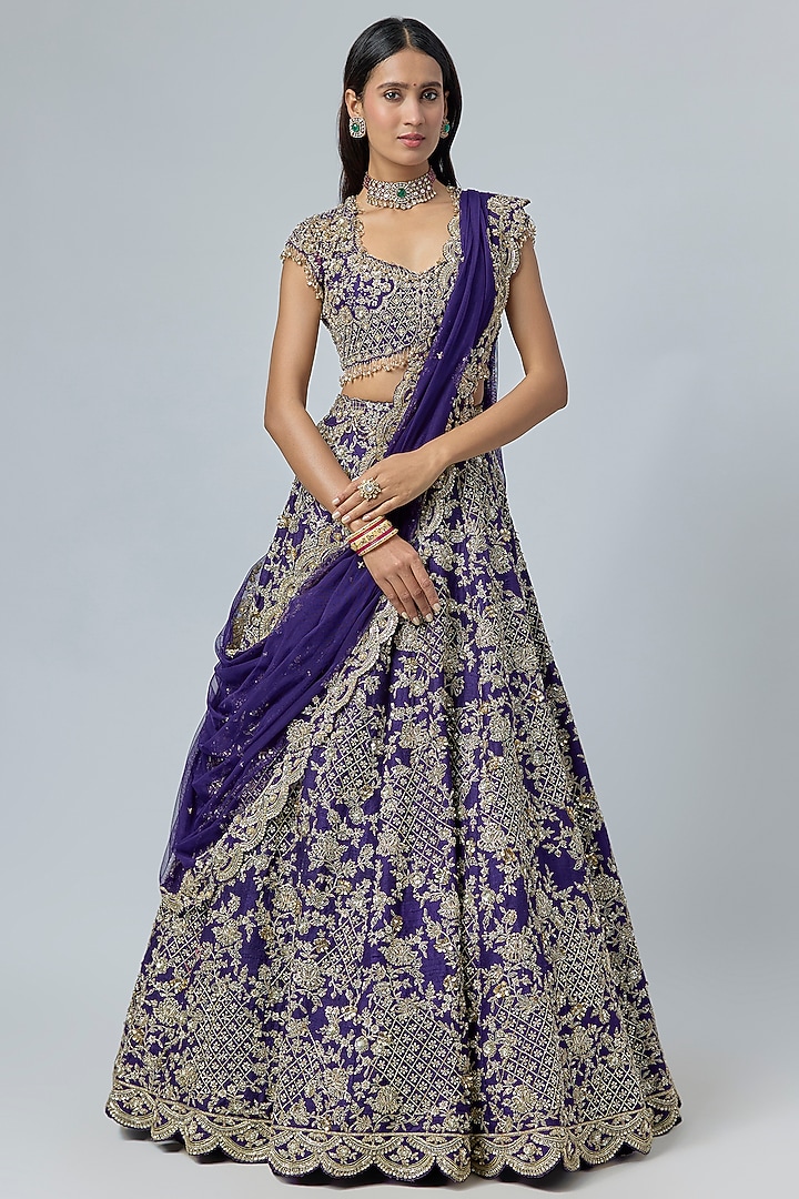 Purple Raw Silk Embroidered Bridal Lehenga Set by Ridhi Mehra at Pernia's Pop Up Shop