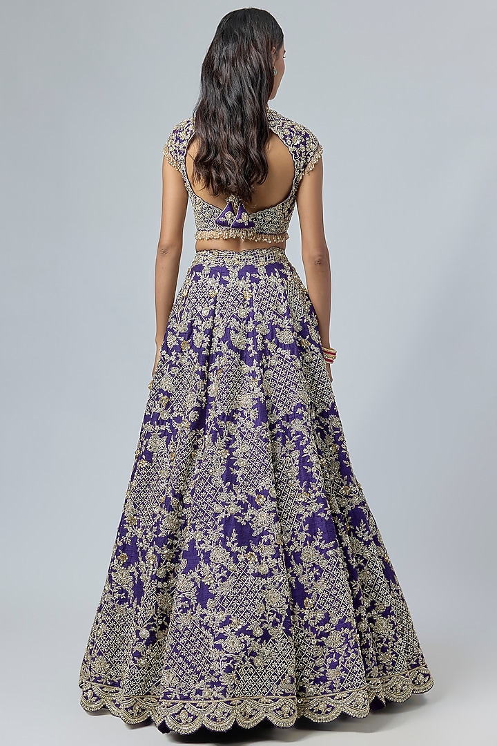 Purple Raw Silk Embroidered Bridal Lehenga Set by Ridhi Mehra at Pernia's Pop Up Shop