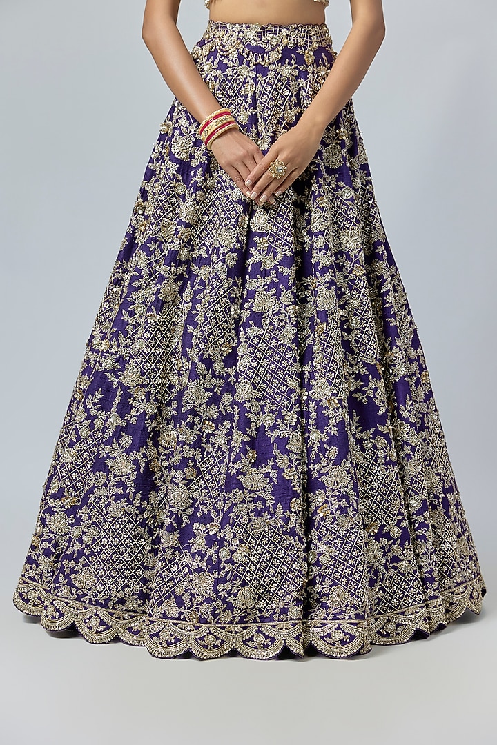 Purple Raw Silk Embroidered Bridal Lehenga Set by Ridhi Mehra at Pernia's Pop Up Shop