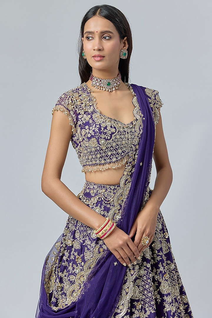 Purple Raw Silk Embroidered Bridal Lehenga Set by Ridhi Mehra at Pernia's Pop Up Shop
