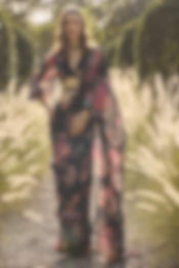 Black Georgette Printed Wedding Saree Set by Ridhi Mehra at Pernia's Pop Up Shop