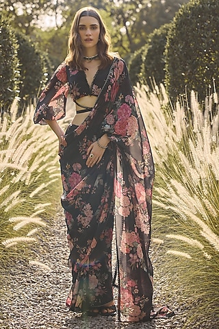 Black Georgette Printed Saree Set by Ridhi Mehra