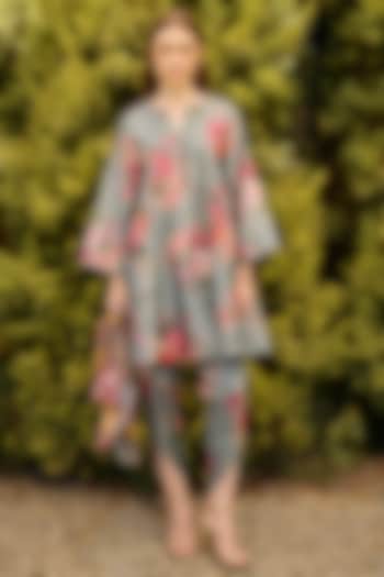 Powder Blue Chanderi Printed Flared Kurta Set by Ridhi Mehra at Pernia's Pop Up Shop