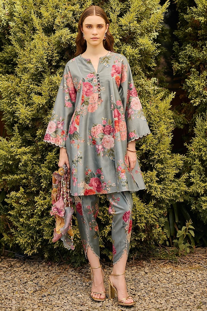 Powder Blue Chanderi Printed Flared Kurta Set by Ridhi Mehra at Pernia's Pop Up Shop