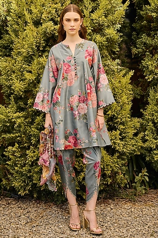 Powder Blue Chanderi Printed Flared Kurta Set by Ridhi Mehra