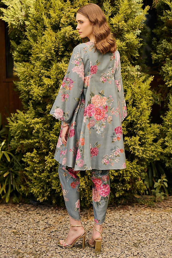 Powder Blue Chanderi Printed Flared Kurta Set by Ridhi Mehra at Pernia's Pop Up Shop