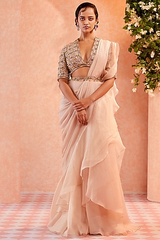 Dirty Ivory Ruffled Draped Saree Set by Ridhi Mehra