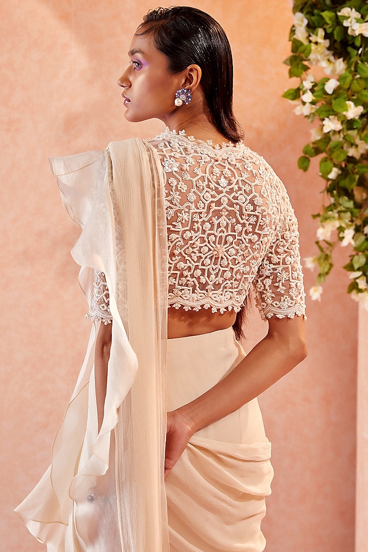 Dirty Ivory Ruffled Draped Saree Set Design by Ridhi Mehra at Pernia's Pop  Up Shop 2024