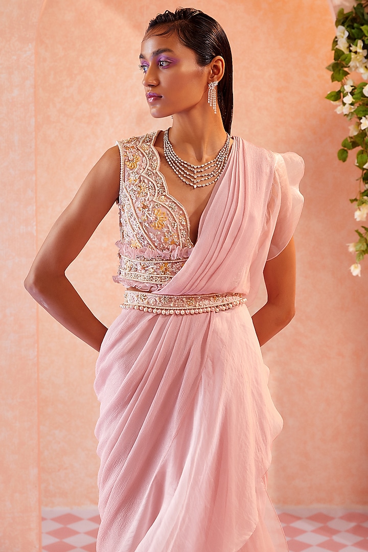 Light Pink Ruffled Draped Saree Set Design by Ridhi Mehra at Pernia's Pop  Up Shop 2024