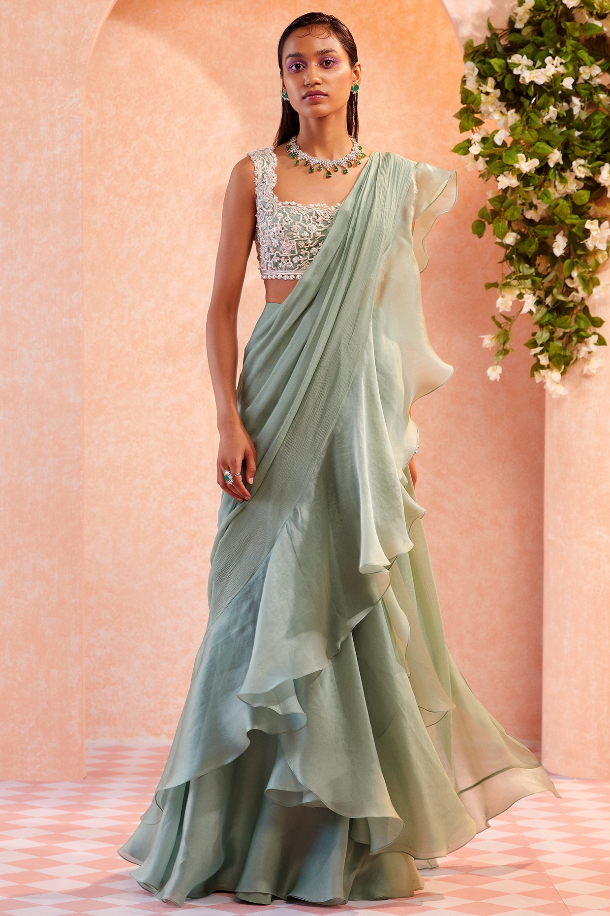 Buy Mint Green Olivia Ruffle Saree with Blouse by Designer DEVIKA BHAYANA  Online at Ogaan.com