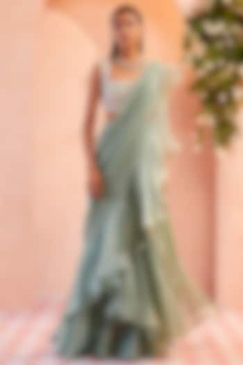 Sea Green Ruffled Draped Saree Set  by Ridhi Mehra at Pernia's Pop Up Shop