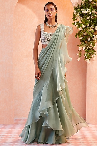 Sea Green Ruffled Draped Saree Set  by Ridhi Mehra