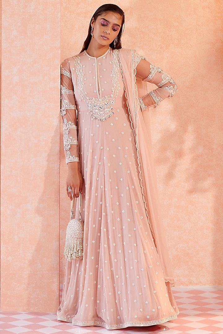 Chalk Pink Embroidered Anarkali  by Ridhi Mehra at Pernia's Pop Up Shop