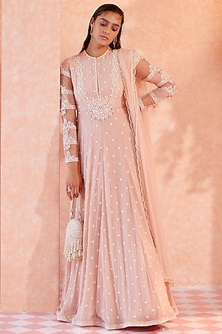 chinese dress ladies noz2toz Light Pink Cotton Anarkali Gown Pant Set with Net Dupatta (N2ZDK0657-XS) main image 1