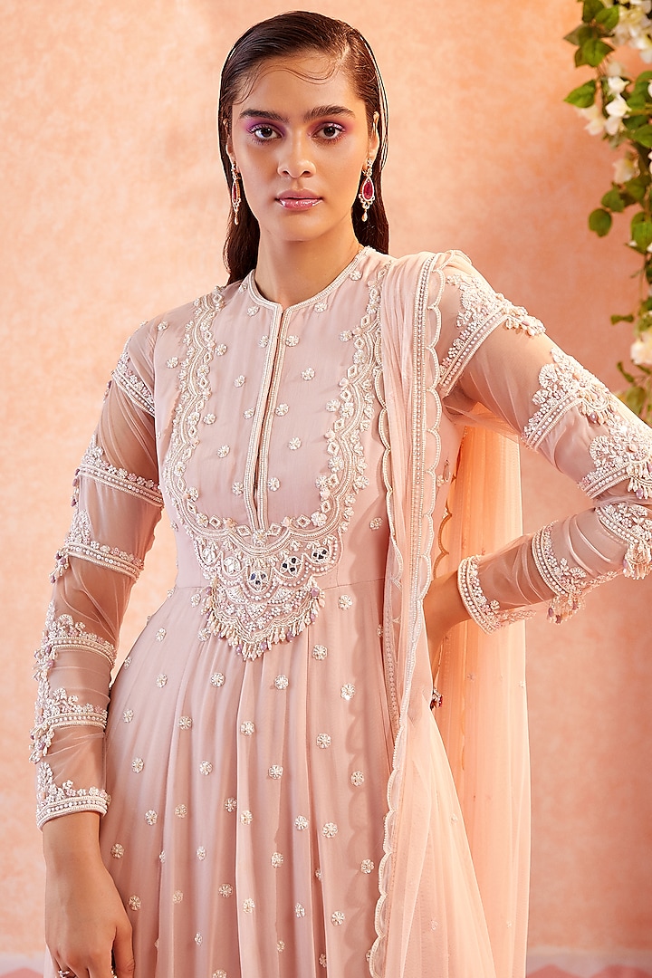 Chalk Pink Embroidered Bridal Anarkali by Ridhi Mehra at Pernia's Pop Up Shop