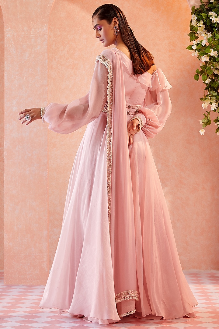 Light Pink Ruffled Drop Shoulder Jumpsuit by Ridhi Mehra at Pernia's Pop Up Shop