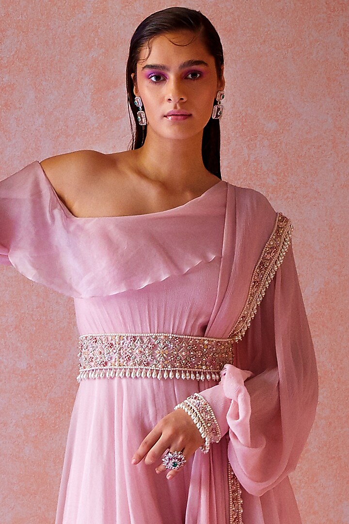 Light Pink Ruffled Drop Shoulder Jumpsuit by Ridhi Mehra at Pernia's Pop Up Shop