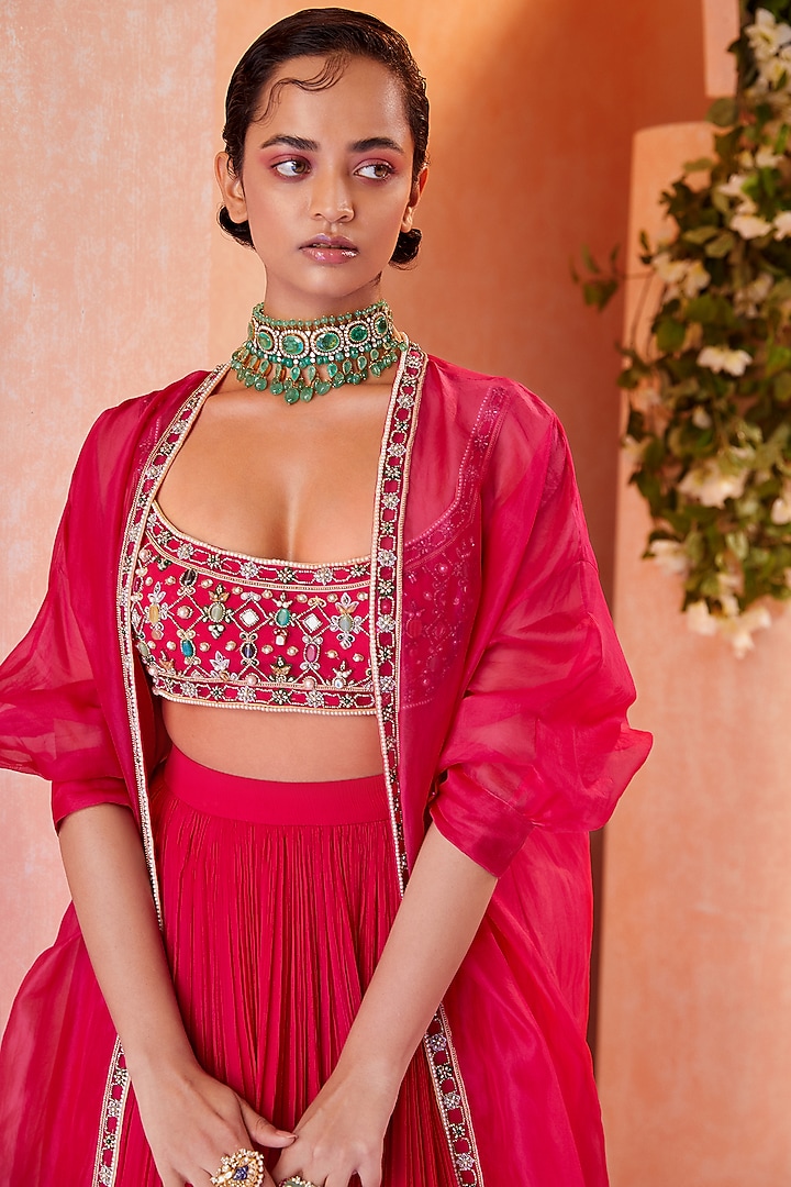Fuschia Chiffon Ruched Skirt Set by Ridhi Mehra at Pernia's Pop Up Shop