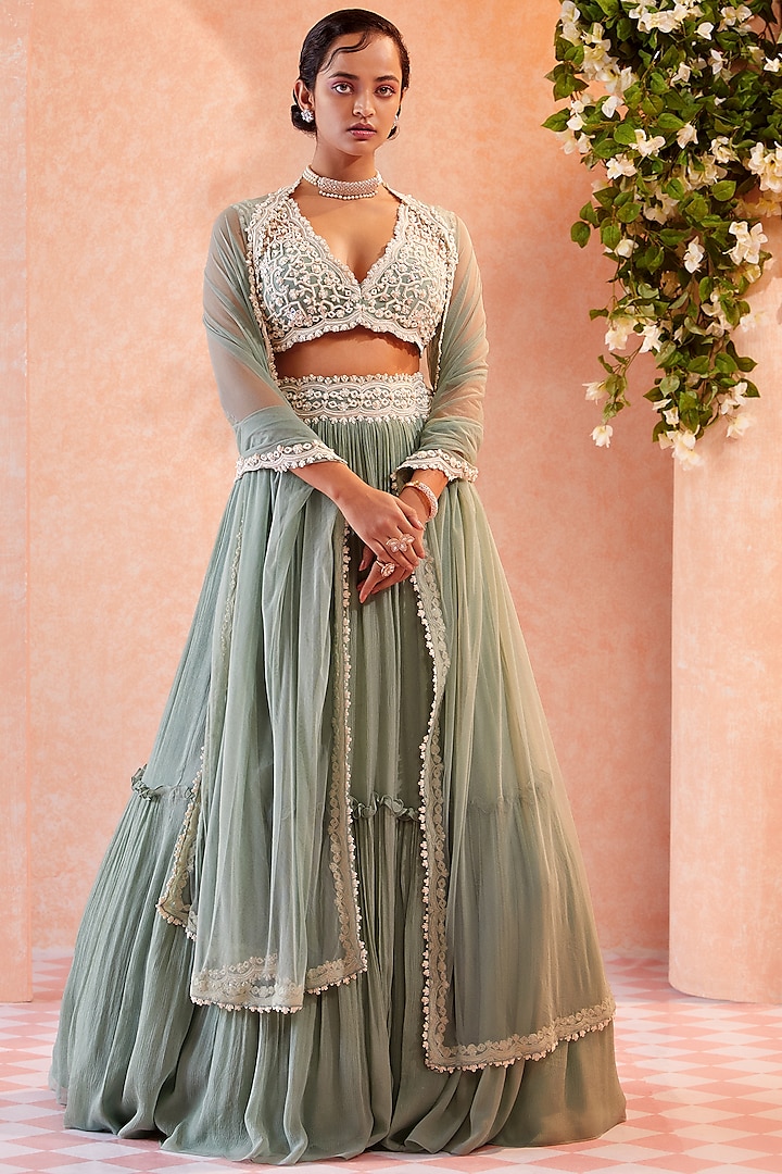 Sea Green Two Tiered Skirt Set by Ridhi Mehra