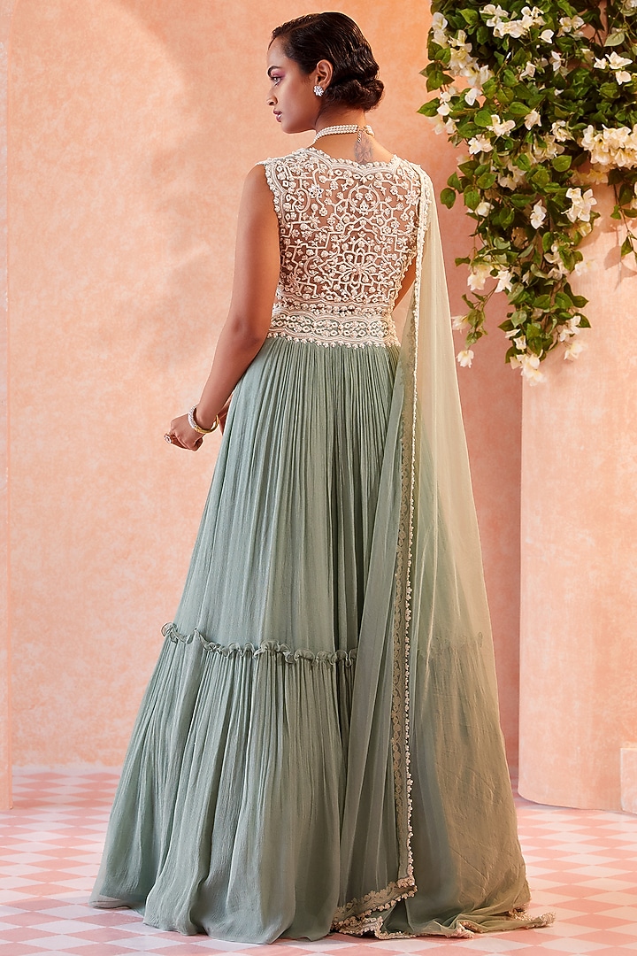 Sea Green Two Tiered Skirt Set by Ridhi Mehra at Pernia's Pop Up Shop