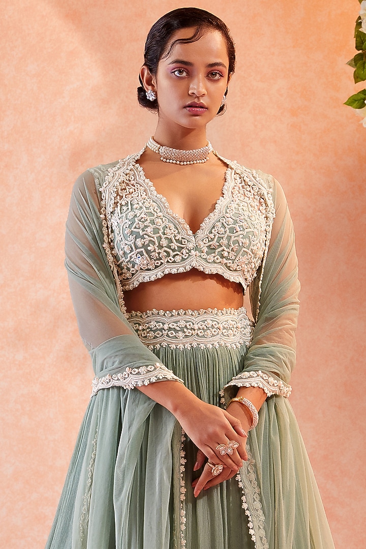 Sea Green Two Tiered Skirt Set by Ridhi Mehra at Pernia's Pop Up Shop