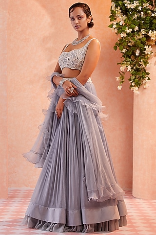 Grey Chiffon Ruched Skirt Set by Ridhi Mehra
