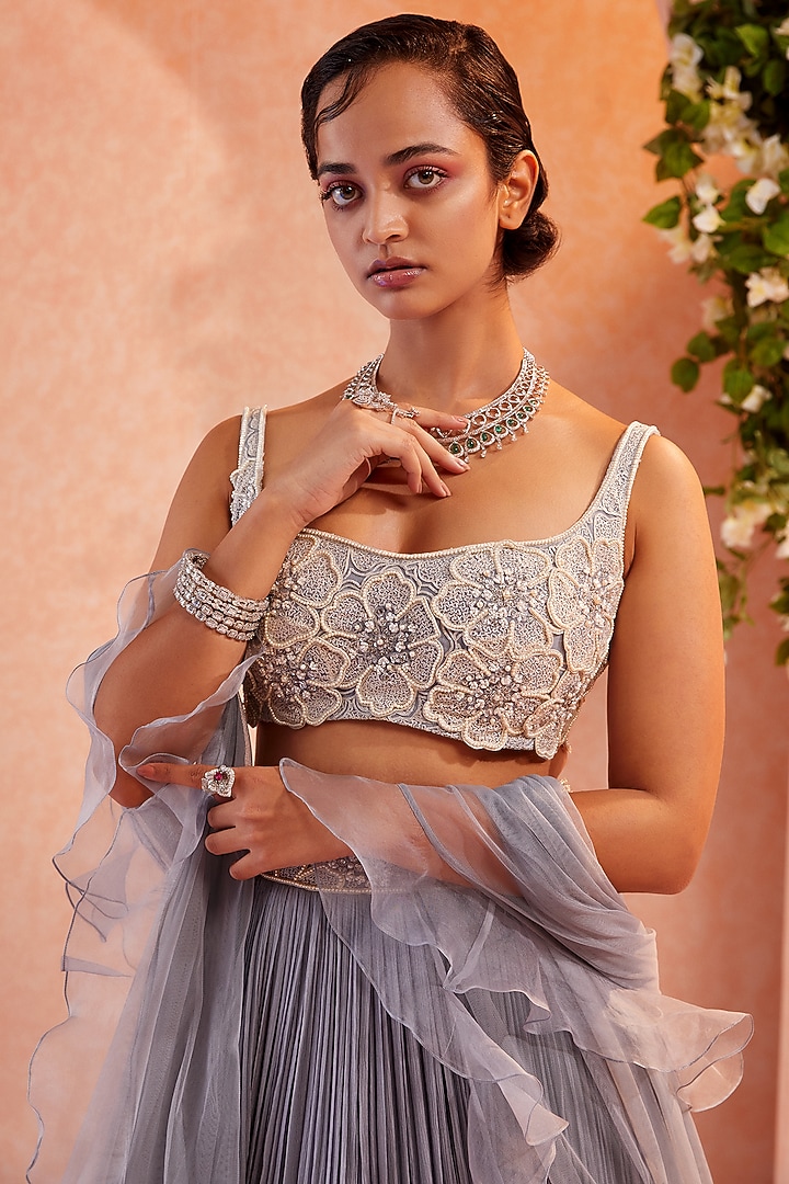 Grey Chiffon Ruched Skirt Set by Ridhi Mehra at Pernia's Pop Up Shop