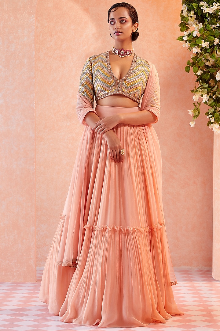 Champagne Two Tiered Skirt Set by Ridhi Mehra