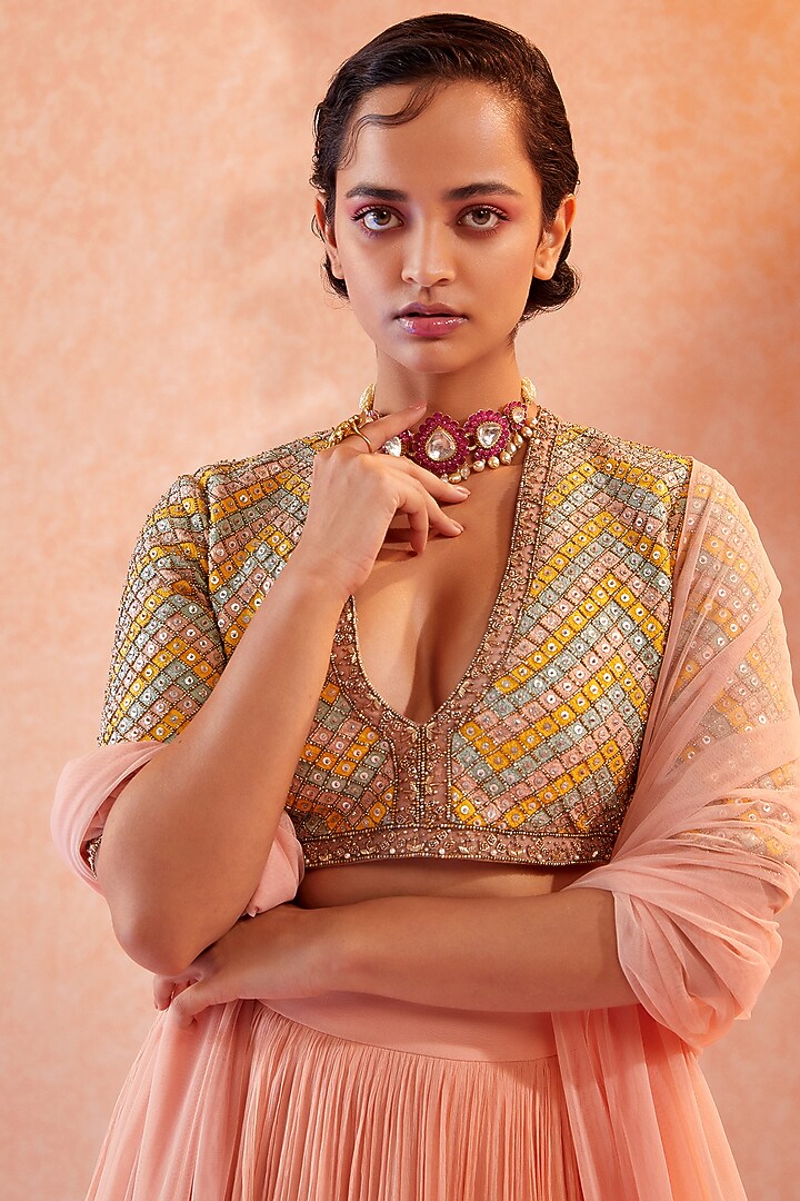 Champagne Two Tiered Skirt Set by Ridhi Mehra at Pernia's Pop Up Shop