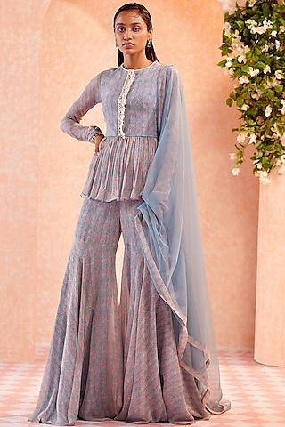 Dusty Blue Embellished Sharara Set by Ridhi Mehra