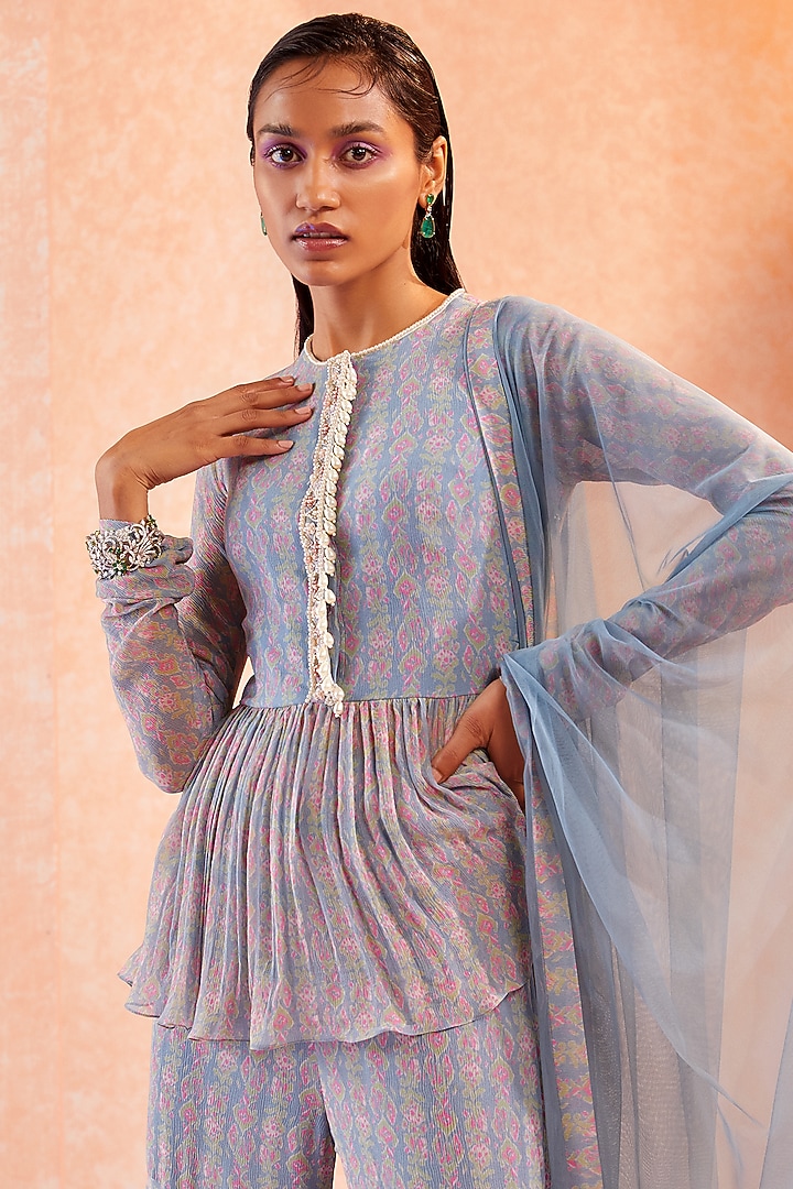 Dusty Blue Embellished Wedding Sharara Set by Ridhi Mehra at Pernia's Pop Up Shop