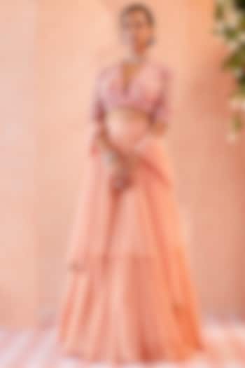 Peach Chiffon Two Tiered Skirt Set by Ridhi Mehra