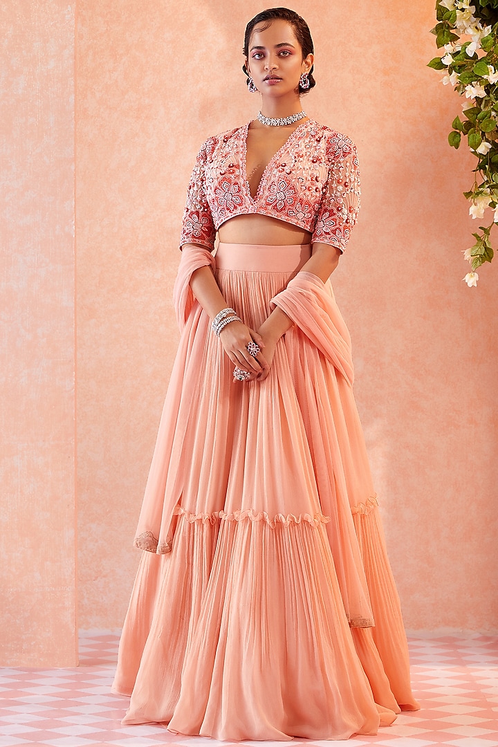 Peach Chiffon Two Tiered Skirt Set by Ridhi Mehra at Pernia's Pop Up Shop