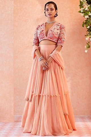 Peach Chiffon Two Tiered Skirt Set by Ridhi Mehra