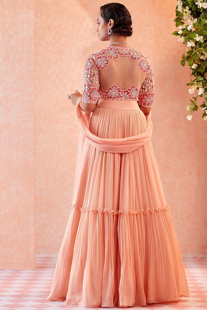 Peach Chiffon Two Tiered Skirt Set by Ridhi Mehra at Pernia's Pop Up Shop