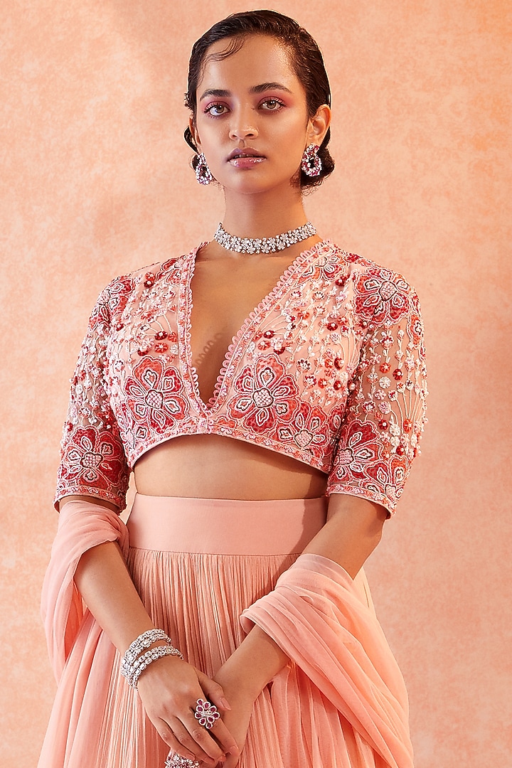 Peach Chiffon Two Tiered Skirt Set by Ridhi Mehra at Pernia's Pop Up Shop