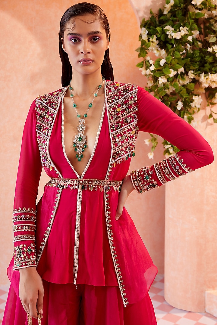Fuschia Bridal Sharara Set With Overlay Jacket by Ridhi Mehra at Pernia's Pop Up Shop