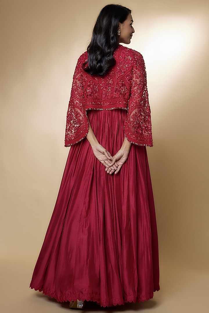 Red Fine Silk Embroidered Bridal Anarkali With Jacket by Ridhi Mehra at Pernia's Pop Up Shop