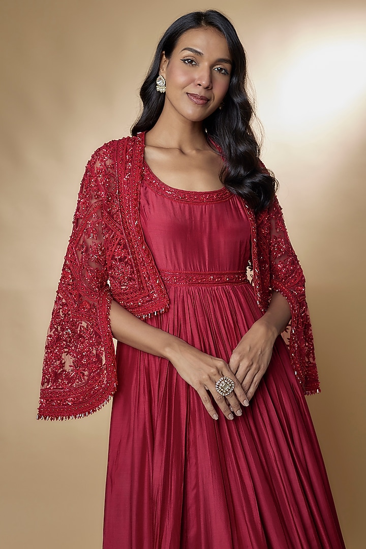 Red Fine Silk Embroidered Bridal Anarkali With Jacket by Ridhi Mehra at Pernia's Pop Up Shop