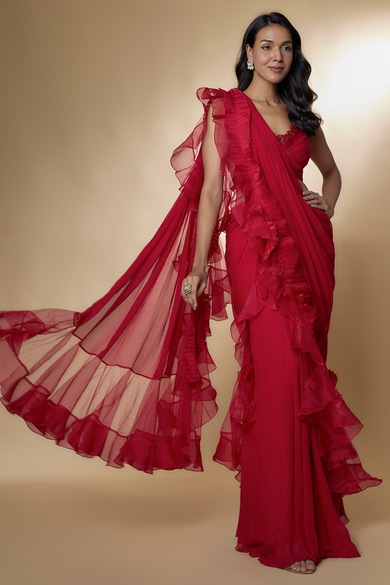 Ridhi Mehra Casey Pre-draped Saree With Blouse | Pink, Bugle Beads, Blouse,  High, Balloon Sleeves | Chiffon saree, Ruffle saree, Drape saree