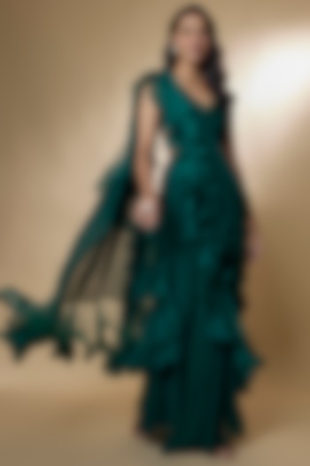 Green Chiffon Organza Ruffled Draped Reception Saree Set by Ridhi Mehra at Pernia's Pop Up Shop