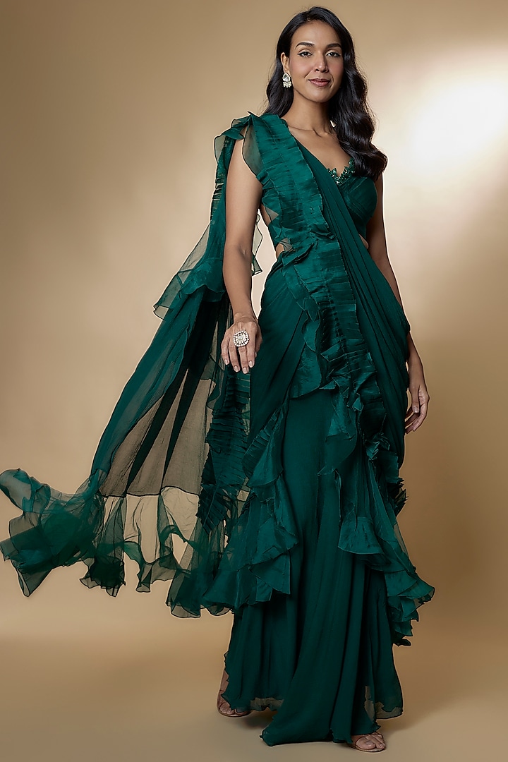 Green Chiffon Organza Ruffled Draped Reception Saree Set by Ridhi Mehra at Pernia's Pop Up Shop