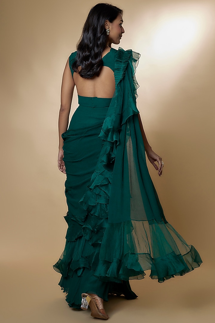 Green Chiffon Organza Ruffled Draped Reception Saree Set by Ridhi Mehra at Pernia's Pop Up Shop