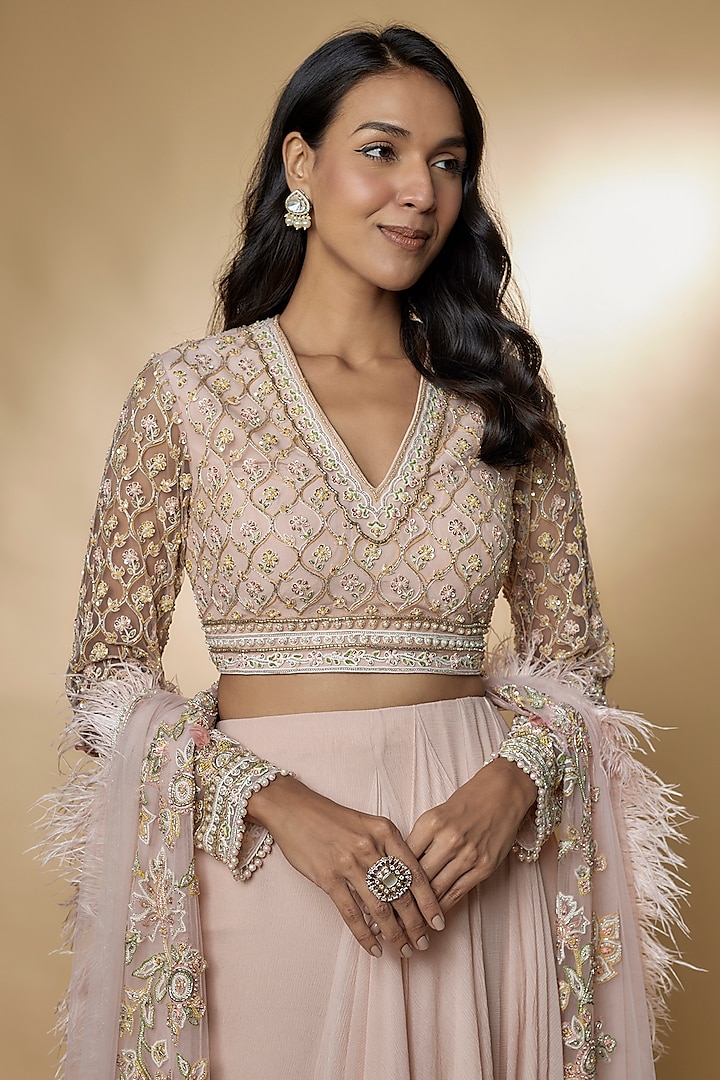 Dusty Pink Chiffon Draped Skirt Set by Ridhi Mehra at Pernia's Pop Up Shop