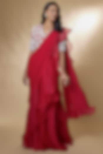 Red Chiffon Organza Ruffled Draped Saree Set by Ridhi Mehra