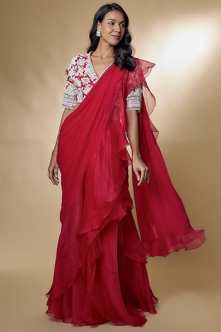 Red Chiffon Organza Ruffled Draped Saree Set by Ridhi Mehra