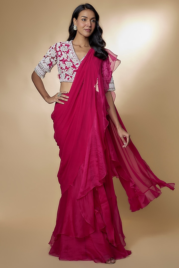 Fuchsia Chiffon Organza Ruffled Draped Saree Set by Ridhi Mehra at Pernia's Pop Up Shop