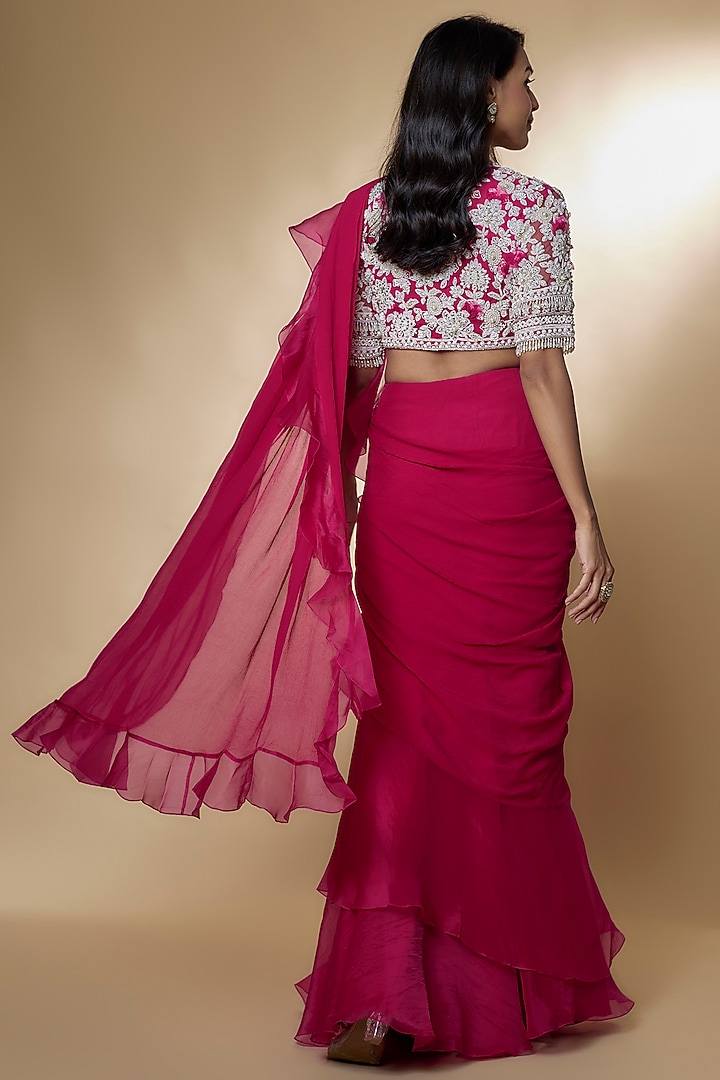 Fuchsia Chiffon Organza Ruffled Draped Reception Saree Set by Ridhi Mehra at Pernia's Pop Up Shop